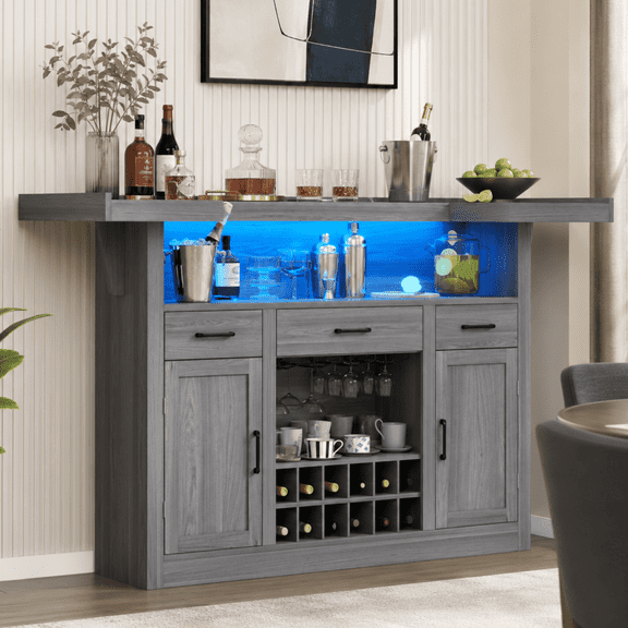 Bar Table Cabinet with LED Lights & 3 Drawers, Crescent-Shaped Liquor Bar with Adjustable Storage Shelves, Stemware Holders & Wine Rack, Multi-Functional Home Pub Stand for Dining Room, Kitchen, Grey