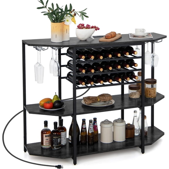 Bar Table Cabinet with Power Outlet & USB Port, 21 Bottle Wine Rack & Glass Holder, 3 Tier Mini Coffee Bar Stand for Liquor, Industrial Storage Shelves for Kitchen Dining