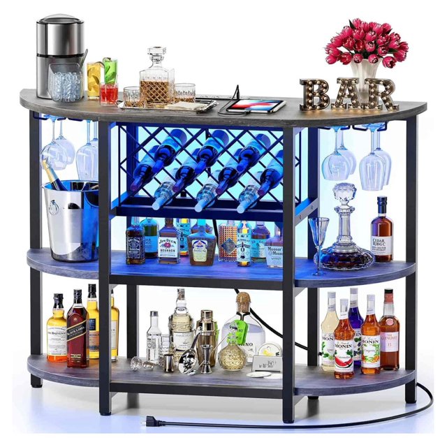 Bar Table with Power Outlet, LED Home Mini Bar for