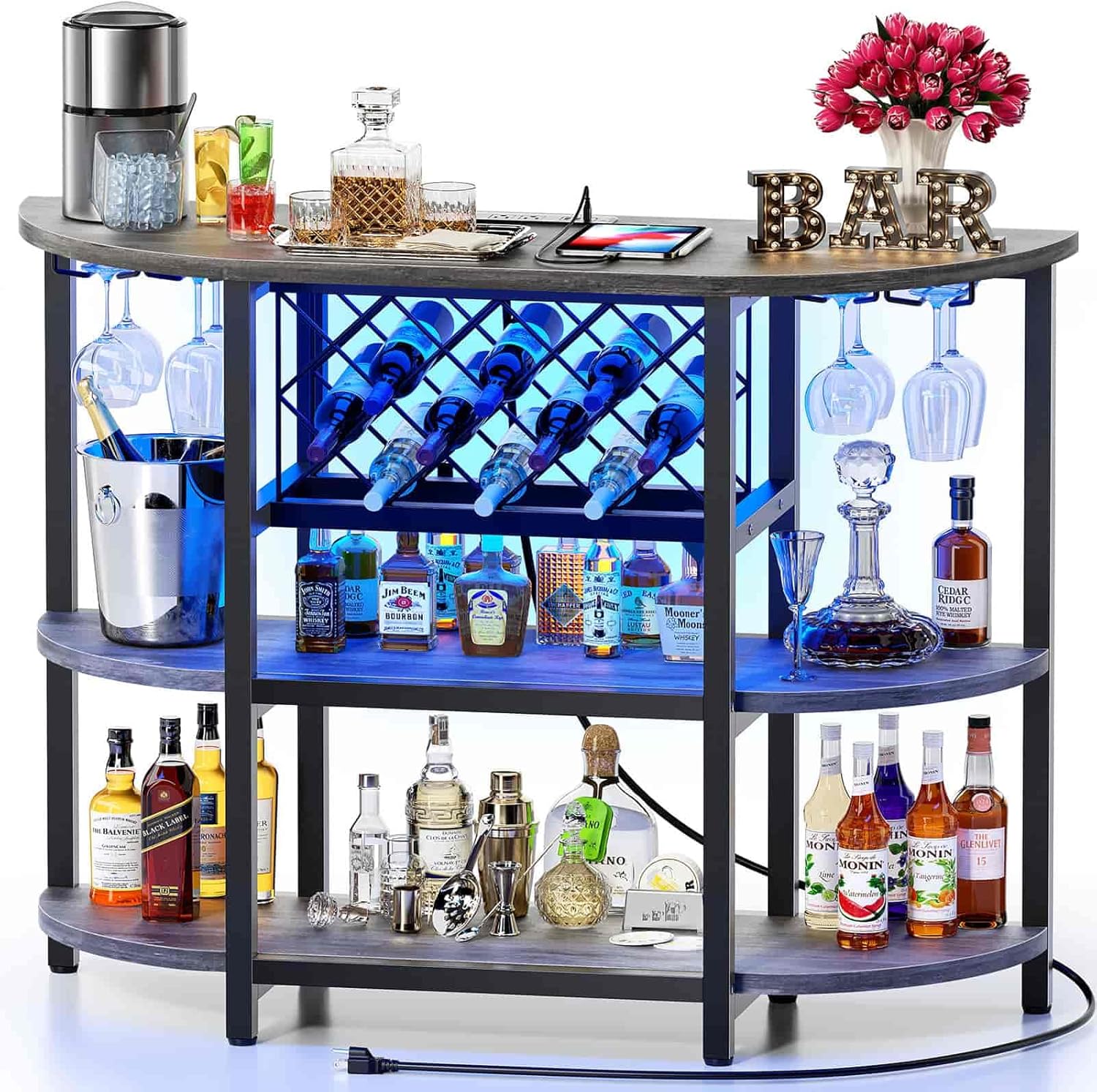 Bar Table with Power Outlet, LED Home Mini Bar for