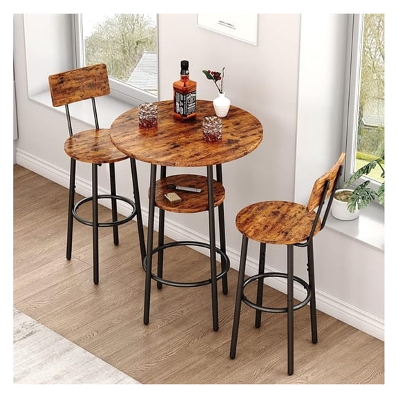 Bar Table and Chair Set for 2, 3 Piece 2-Tier Small Round Pub Table & Stools with Backrest, Counter Height High Top Bistro Set for Kitchen Dining Room Breakfast Nook, Rustic Brown