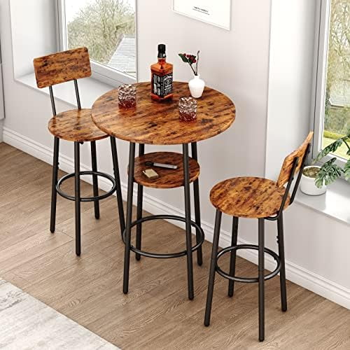 Bar Table and Chair Set for 2, 3 Piece 2-Tier Small Round Pub Table & Stools with Backrest, Counter Height High Top Bistro Set for Kitchen Dining Room Breakfast Nook, Rustic Brown$$Furniture