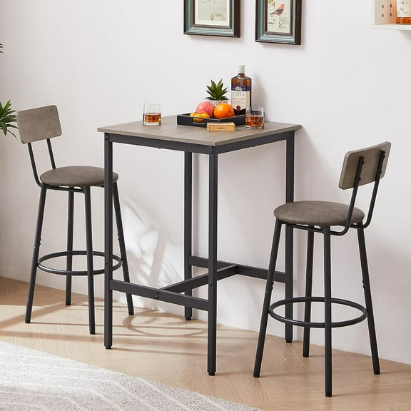 Bar Table and Chairs Set for 2, 3-Piece Small Square Pub Bistro Table and Upholstered Stools with with Adjustable Foot Pads, Counter Height Dining Table Set for Kitchen, Dining Room, Grey