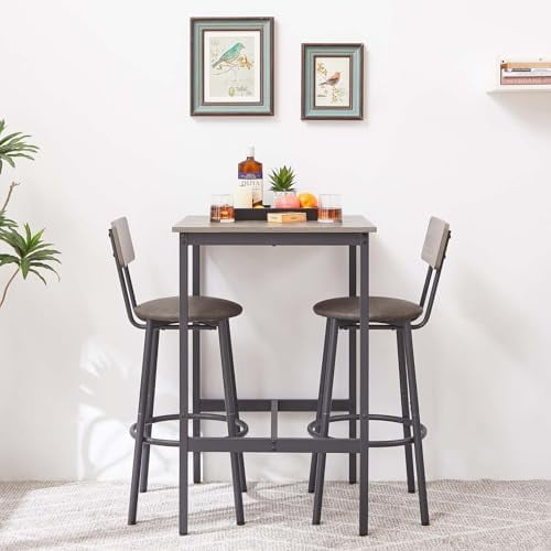 Bar Table and Chairs Set for 2, 3-Piece Small Square Pub Bistro Table and Upholstered Stools with Backrest, Counter Height Dining Table Set for Kitchen Small Space (Grey)$$Furniture