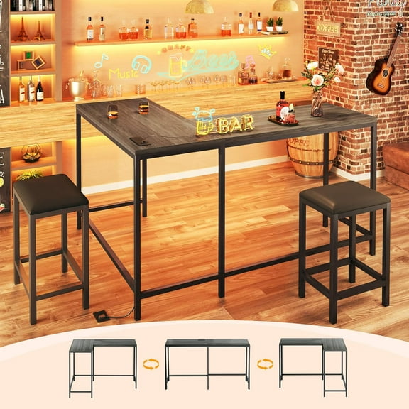 Bar Table and Chairs Set for 2-4, 63'' Convertible L-Shaped Kitchen Table with Power Outlets, 3 Piece Counter Height Small Dining Table with 2 Stools, Space Saving, Breakfast Nook Corner, Grey Oak
