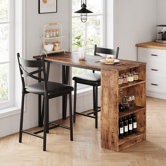 Bar Table and Chairs Set, 3 Piece Bar Table Set with with Flip Top Extension and Storage Shelves, Dining Table Set for 2, Suitable for Small Space Kitchen Apartment, Brown