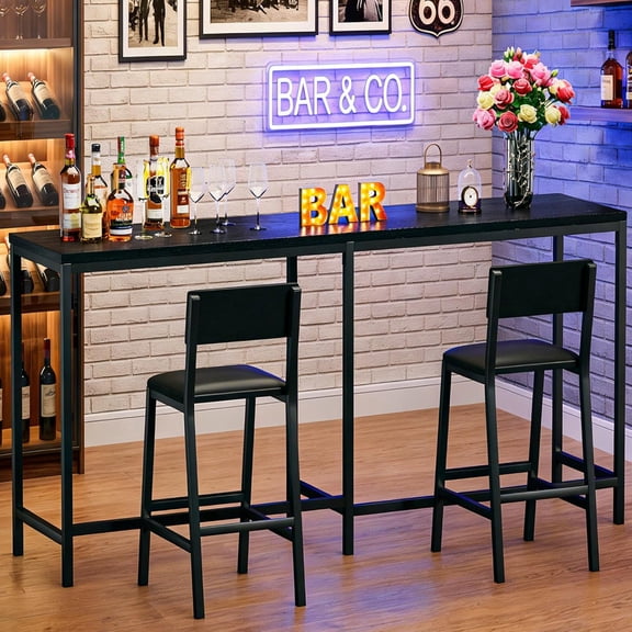 Bar Table and Chairs Set, 3 Piece Convertible L-Shaped Kitchen Table with 2 PU Leather Bar Stools, 63‘’ Counter Height Small Dining Table with Power Outlets