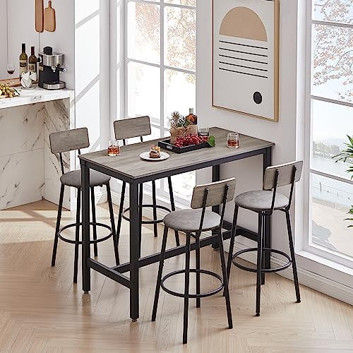 Bar Table and Chairs Set for 4, 5 Pieces Rectangle Pub Bistro Table with 4 PU Upholstered Bar Stools, Counter Height Breakfast High Table Set for Kitchen, Restaurant (Grey)
