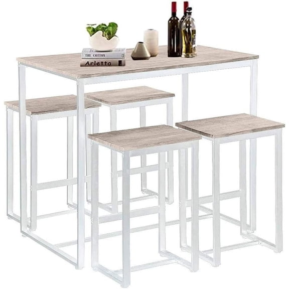 Bar Table and Chairs Set,5-Piece Counter Height Dining Set,Kitchen Counter with Bar Chairs（W/ 4 Chairs）,Breakfast Bar Pub Table and Stool Set , Industrial for Kitchen, Living Room, Party Room (White)