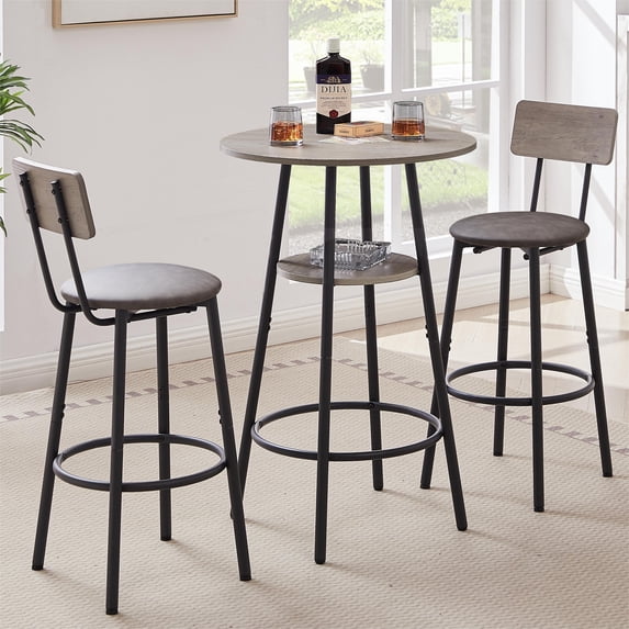 Bar Table and Chairs Set,Round Bar Table with 2 Bar Stools, Small 2-Tier Round Bistro Pub Dining Table, PU Upholstered Stools, 23.62'' W x 23.62'' D x 35.43'' H,Grey