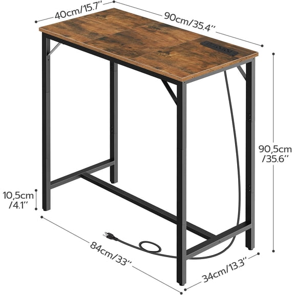 Bar Table with Charging Station, Rectangular Pub Table, High Top Coffee Table, Counter Bar Height Table, Narrow Long Dining Table, 35.4" L x 15.7" W x 35.6" H, Rustic Brown and Black BF90UBT01