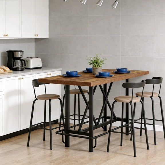 Bar Table, Industrial Counter Height Pub Table with Metal Footrest, 63-Inch Rectangle Wood Kitchen Dining Table with Sturdy Metal Frame for Dining Room, Home Bar (Brown)