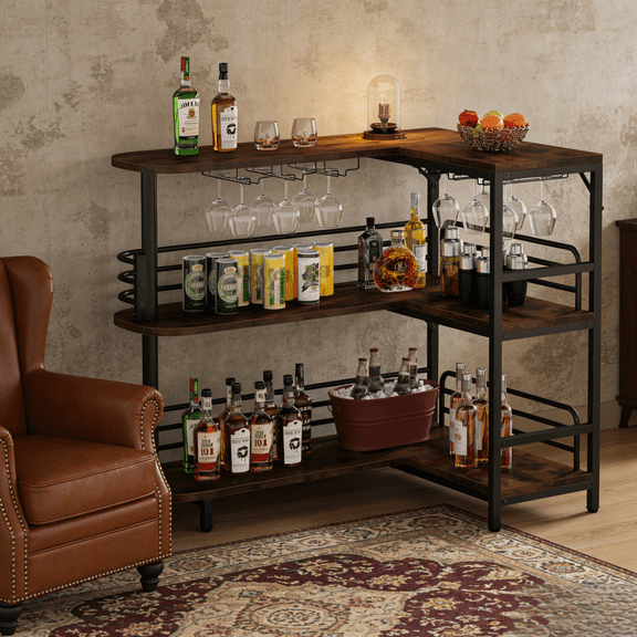 Bar Table L-Shaped Home Bar 47In Countertop Rustic Brown Matte Black 220Lbs Capacity Wine Glass Stemware Rack 2 Open Shelves Steel Frame Kitchen Dining Living Room Pub Style Modern Adjustable Feet