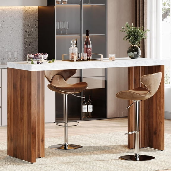 Bar Table, Modern Counter Height Pub Table with a Faux Marble Tabletop, Rectangular Home Coffee Bar Unit for Kitchen, Dining Room, Living Room, Balcony, Basement