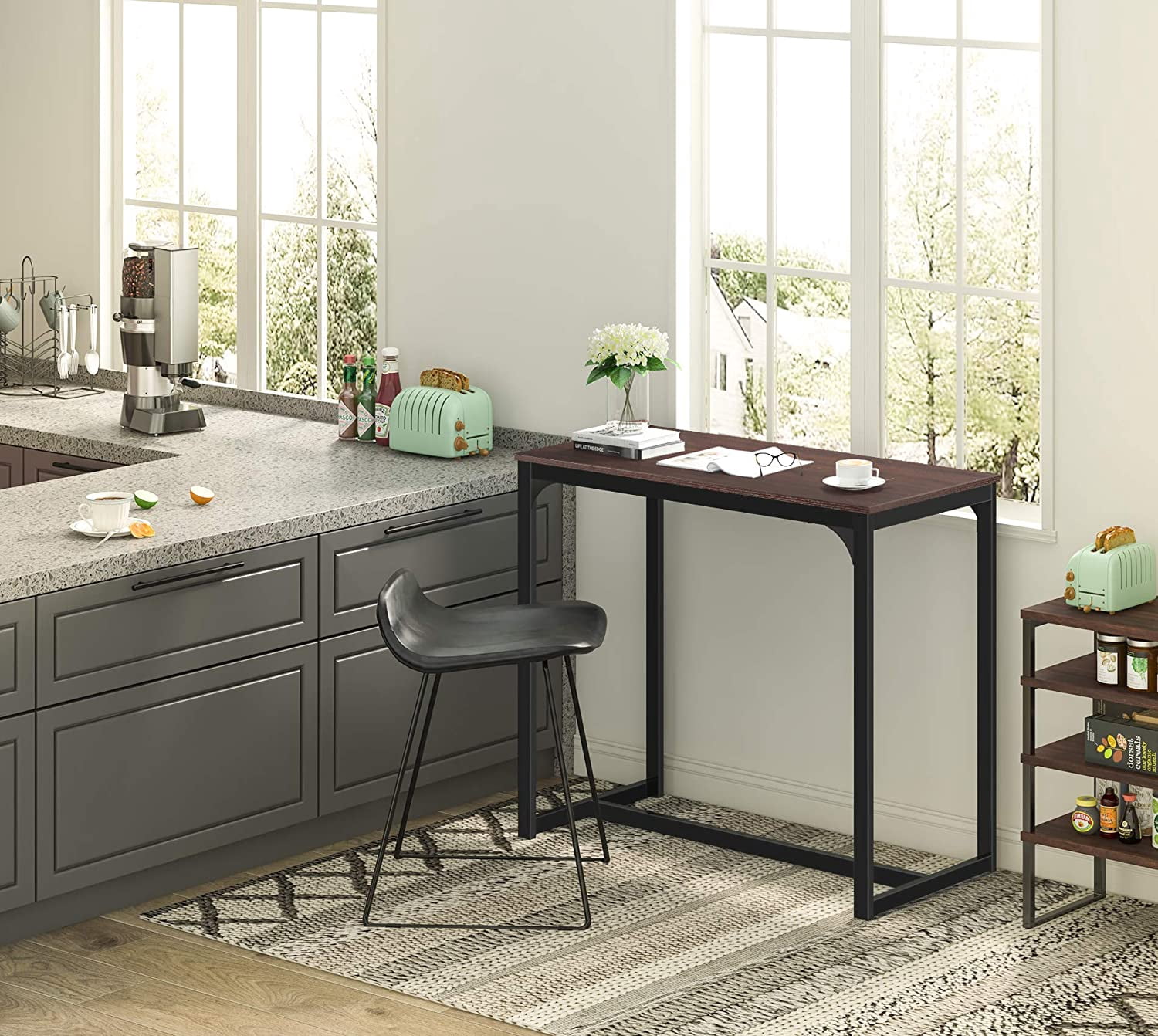 Bar Table, Pub High Top Table with Black Metal Base and Vintage Textured Top