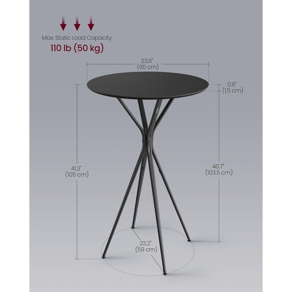 Bar Table, Round Cocktail High Top Pub Bistro Table for Events Party, Kitchen Dining, Home Bar, 23.6 x 23.6 x 41.3 Inches, Sturdy Metal Frame, Modern Style, Easy to Assemble, Black