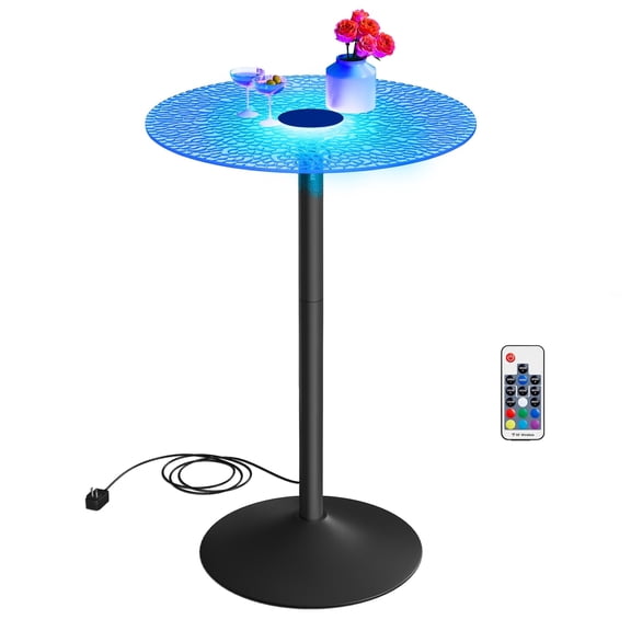 Bar Table, Round Cocktail Table with Multi-Colored Lights and Glass Top, Large Steel Base, 41.3 Inches Tall Pub Table for Kitchen, Bistro, Parties, Cloud White and Ink Black