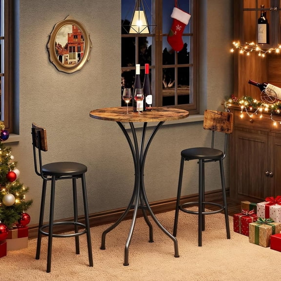 Bar Table, Round High Top Table, Counter Height Table, for Kitchen, Pub, Bistro, Living Room, Meeting Room, Rustic Brown and Black TBT06BF