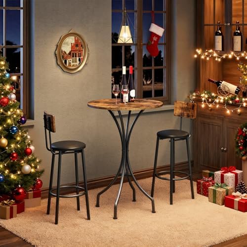 Bar Table, Round High Top Table, Home Counter Height Table, for Kitchen, Pub, Bistro, Living Room, Meeting Room, Rustic Brown and Black TBT06BF$$Furniture