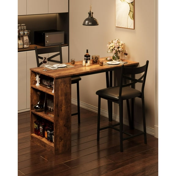 Bar Table Set for 2, 16 in Wide Cushions for Comfortable Seating, Bar Table and Chairs with Flip Top Extension, Suitable for Dining for 2-4 People, Sturdy and Durable New Choice, Brown