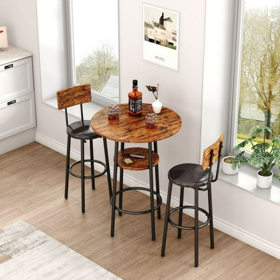 Bar Table Set for 2 with 2 PU Upholstered Stools, Pub Bistro Dinning Table and Stools with Backrest, Counter Height Bar Table Set for Apartment, Kitchen, Small Space