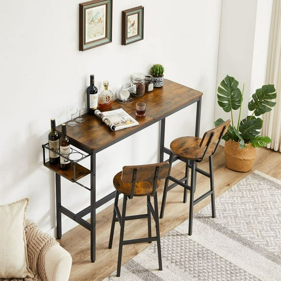 Bar Table Set for 2 with Folding Wine Holder, Pub Bistro Dinning Table and Stools with Backrest, Counter Height Bar Table Set for Apartment, Kitchen, Small Space