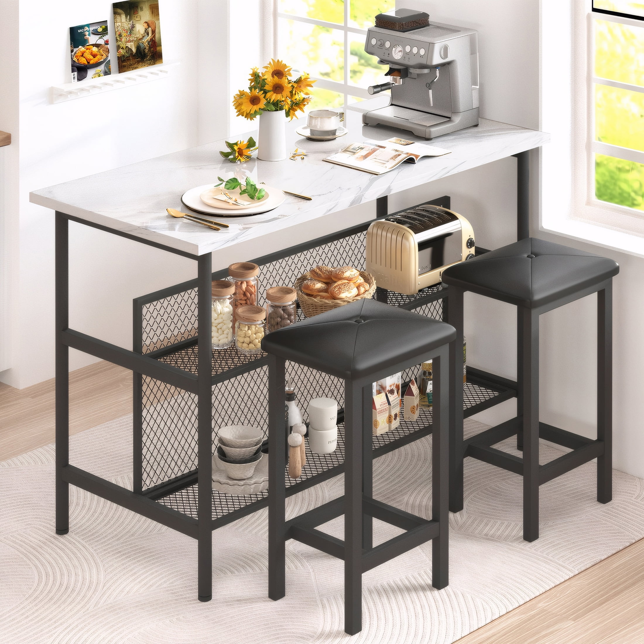 Dining Room Set for 2 Counter Height Dining Set with Storage Faux Marble Dining Table Set with 2 Stools Modern Kitchen Island Set with Seating for
