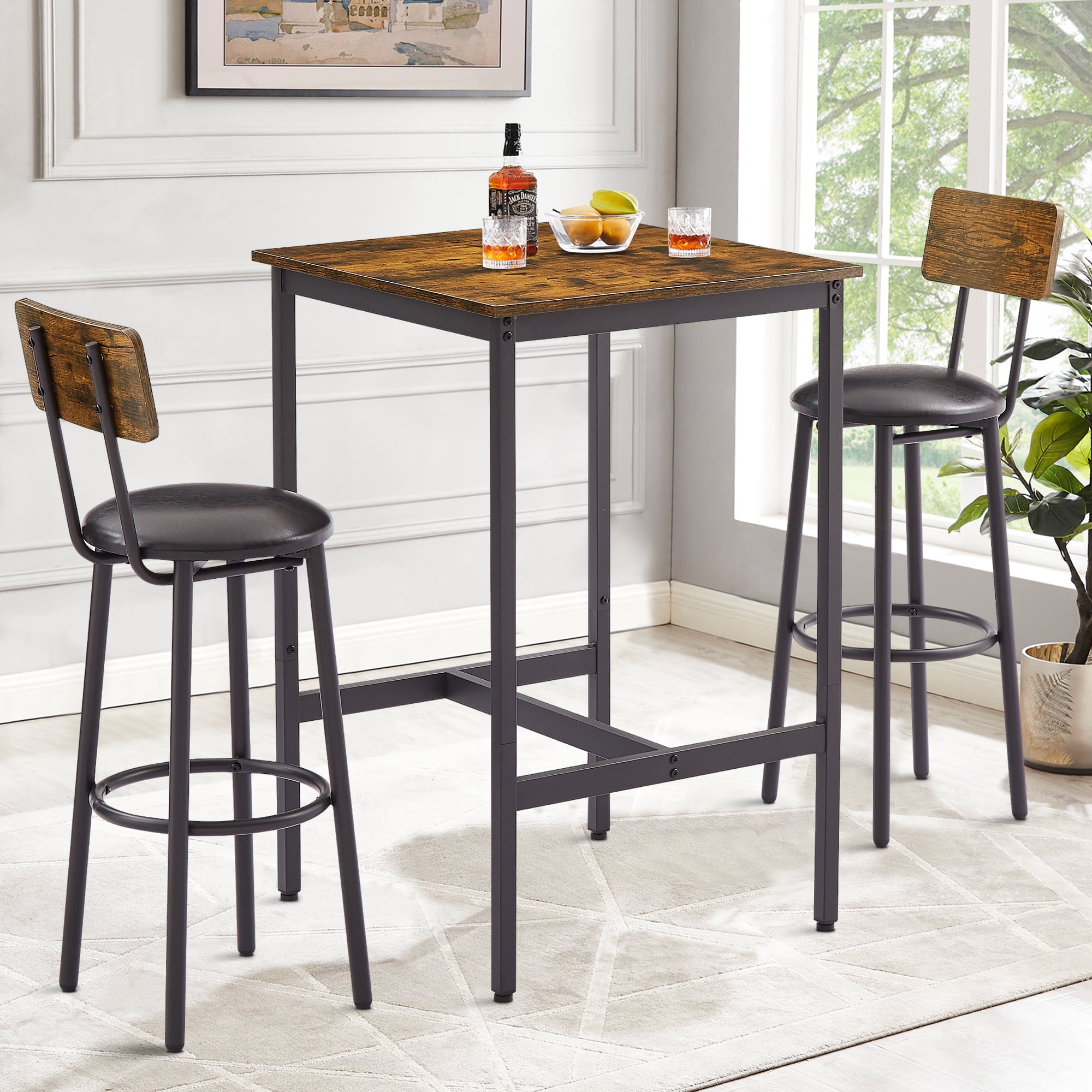 Bar Table Set for 2 Sesslife Square Wood Dining Table Set with Chairs Counter Height Bistro Dining Table and Upholstered Stools for Dining Room