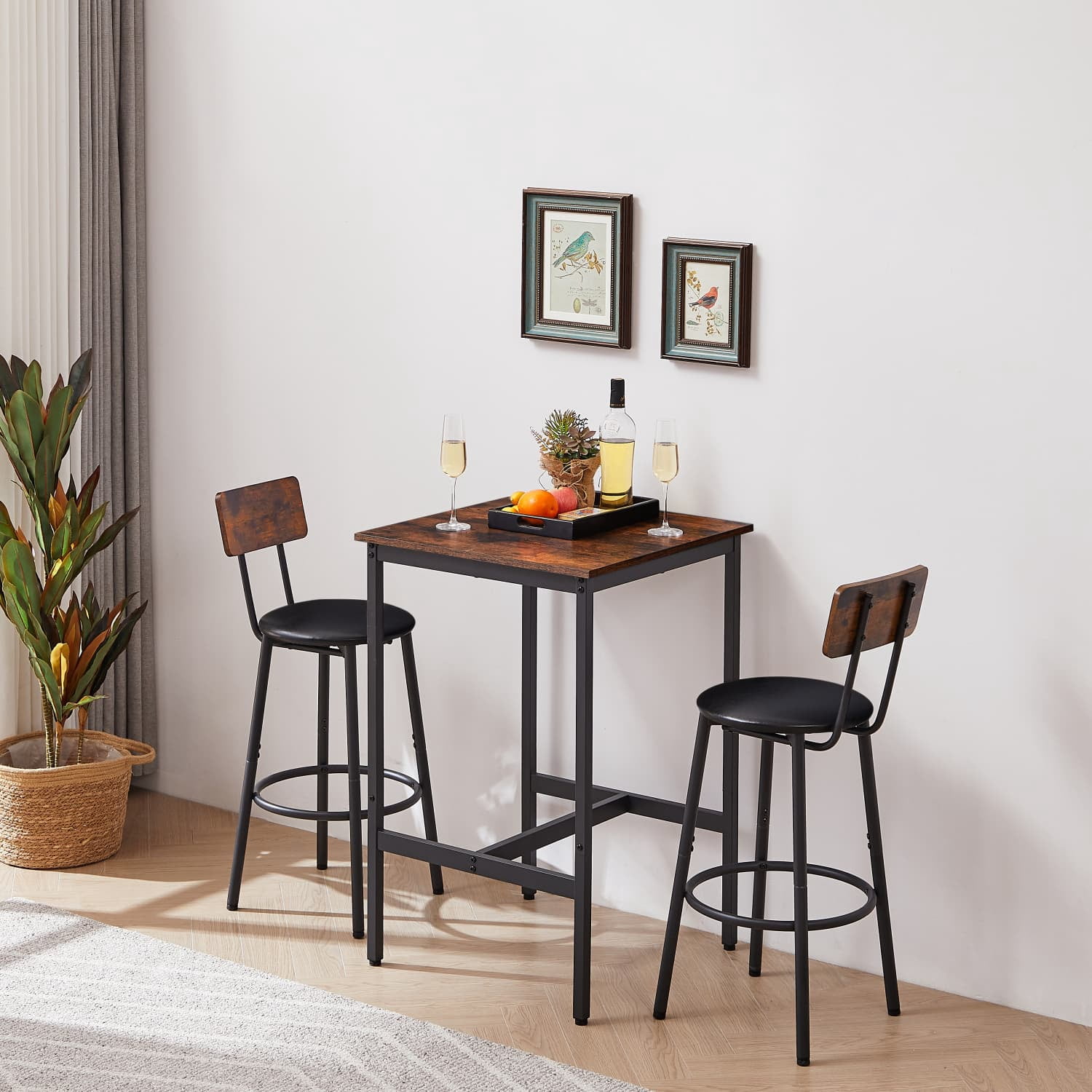 Bar Table Set with 2 Stools, Rustic Brown Counter Height Table, PU Padded Seat with Backrest & Footrest, Space-Saving Bar Furniture for Kitchen Living Room
