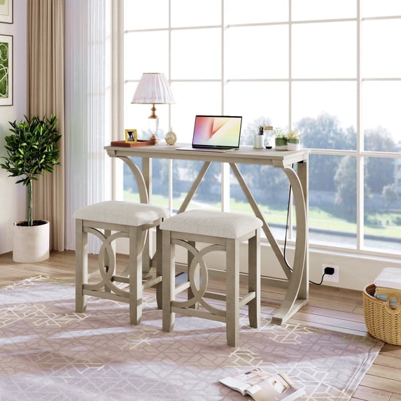 Bar Table Set for 2, Wood Counter Height Dining Table with Stools, Breakfast Nook with Power Outlet, Space Saving 3 Piece Bar Desk Set for Living Room