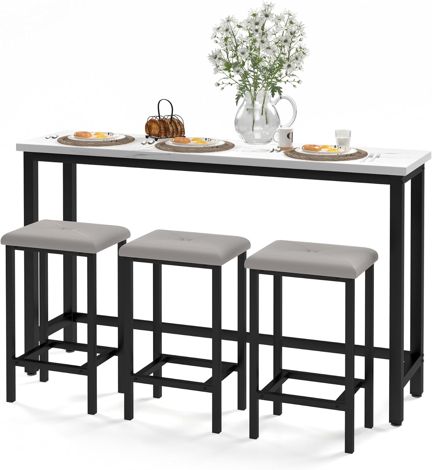 Bar Table Set for 3, 60.2” Faux Marble Rectangular Bar Table with 3