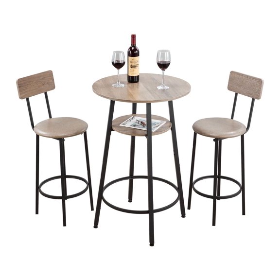 Bar Table Set 3PCS, 23.5" Pub Table with 2 Stools, Round Kitchen Table for Breakfast Corner, Office Desk, Mini Bar, Light Gray & Black