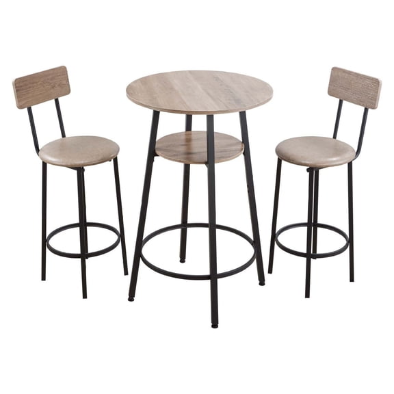 Bar Table Set 3PCS, 23.5" Pub Table with 2 Stools, Round Kitchen Table for Dining, Office, Breakfast Corner, Light Gray & Black