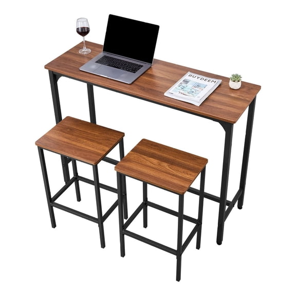 Bar Table Set 3PCS, 47" Rectangular Pub Table with 2 Stools, Rounded Edge Design, Rustic Brown & Black for Kitchen, Office, Breakfast Corner