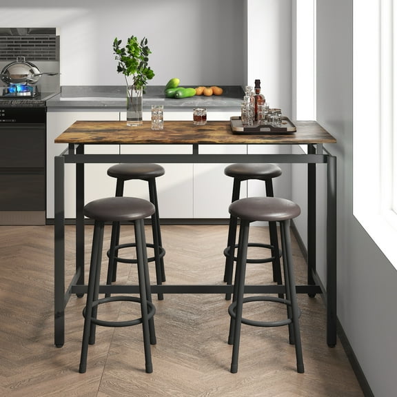 SYNGAR 5 Pieces Dining Table and Stools Set, Modern Counter Height Bar Table Set, Pub Bistro Set for 4, with Rustic Brown Tabletop, for Kitchen, Bar, Dining Room, D8734