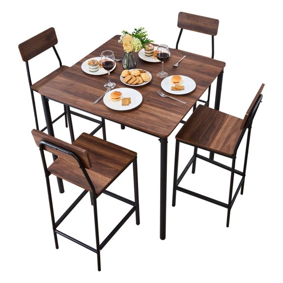 Bar Table Set 5PCS, 35 Pub Table with 4 Stools, Kitchen Dining Table Set, Rounded Edge Design, Square Bar Table for Living Room, Walnut & Black