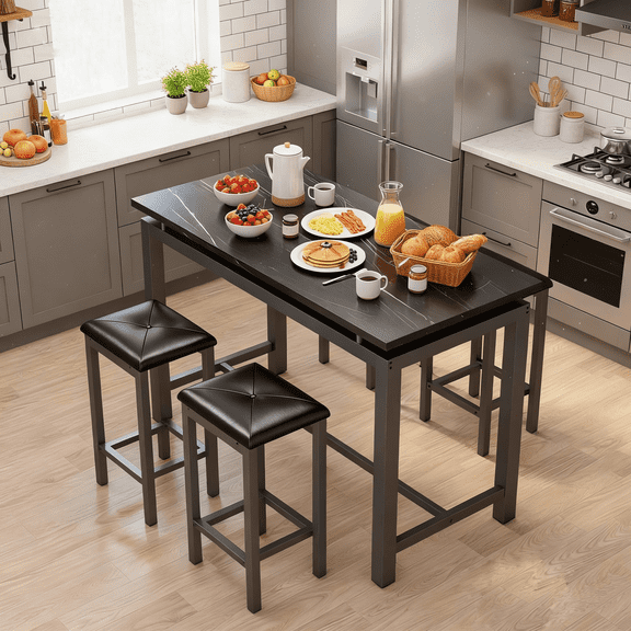5-Piece Dining Table Set, Rectangular Faux Marble Dining Table with 4 PU Leather Chairs & Adjustable Footrests, Modern Kitchen Dining Room Bar Furniture Set