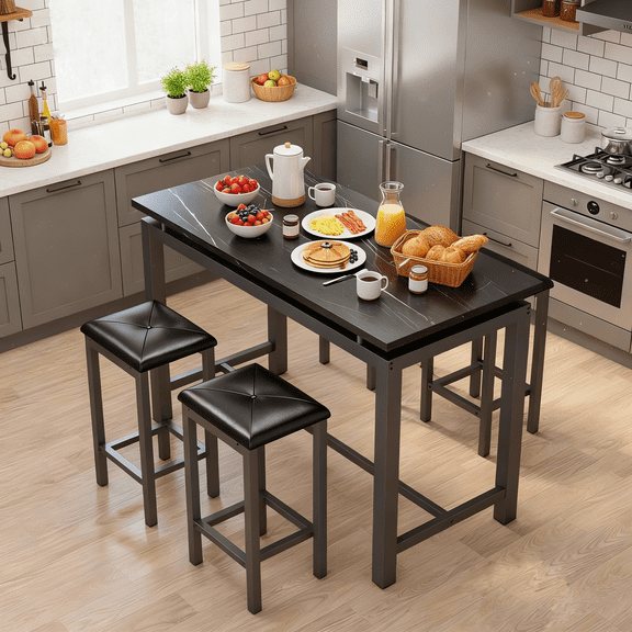 5-Piece Dining Table Set, Rectangular Faux Marble Dining Table with 4 PU Leather Chairs & Adjustable Footrests, Modern Kitchen Dining Room Bar Furniture Set