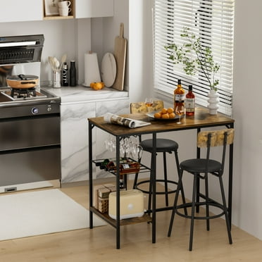 Bar Table Set for 2, 3 Pieces Pub Dining Table Set, Brown Bistro Pub Kitchen Table Set with Storage Rack, 39.3 x 21.6 x 35.4 inch