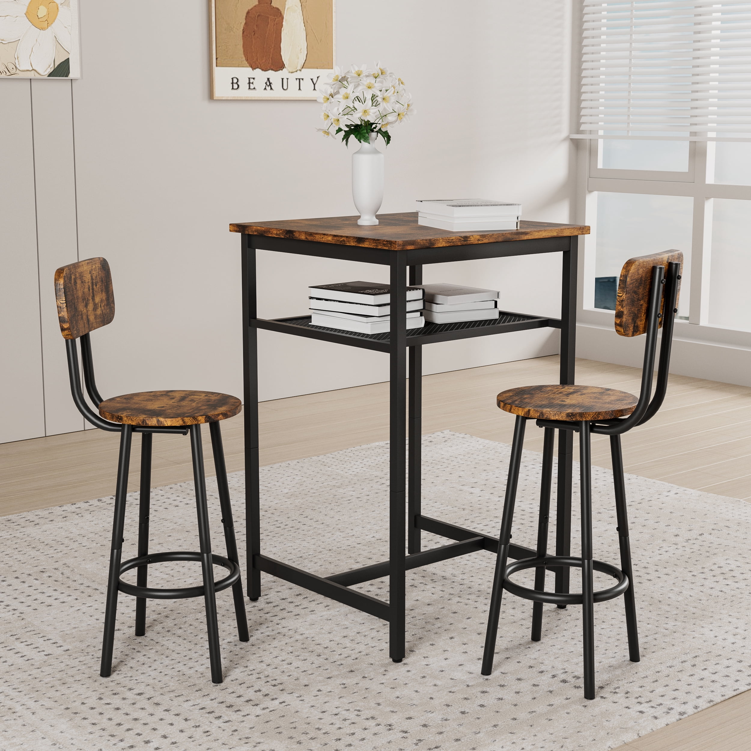 Bar Table Set of 2,Bistro Kitchen Table Sets,Wood Pub Bar Table Set with Storage Rack for Small Space, Apartment,Brown