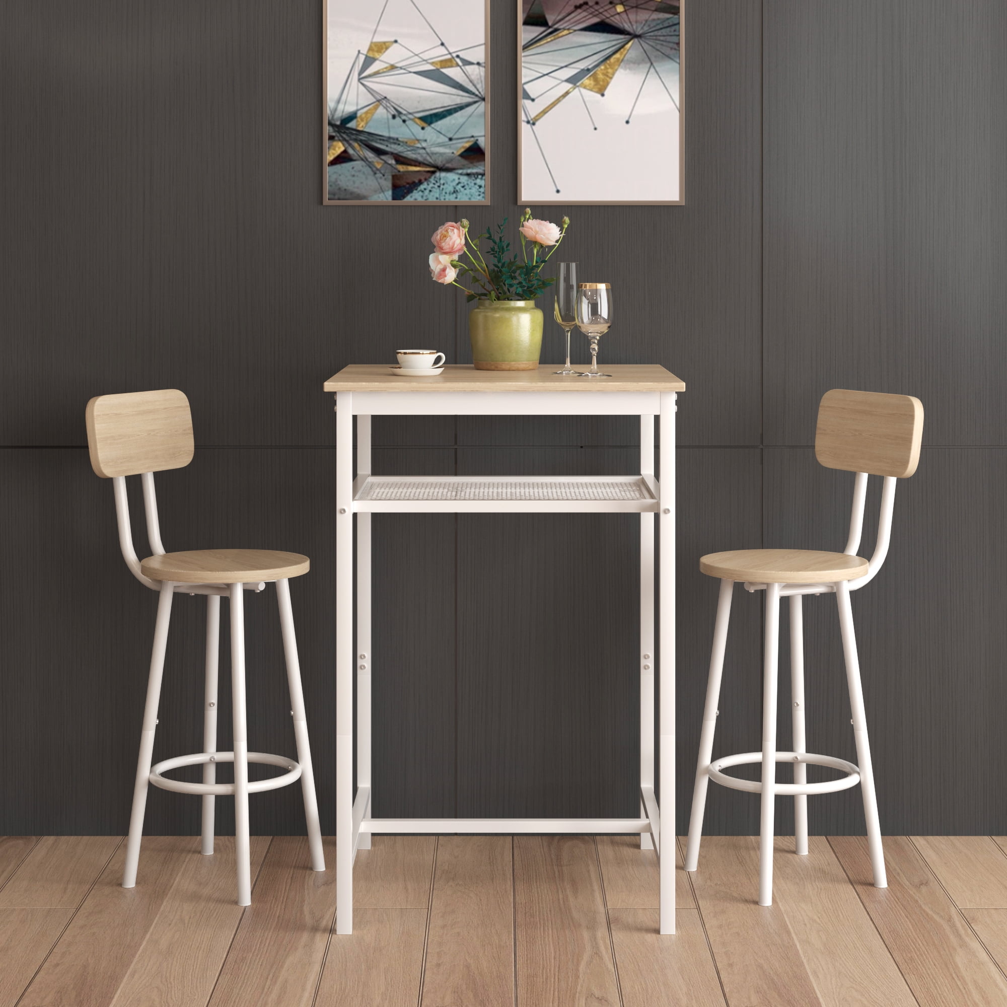 Bar Table Set of 2,Bistro Kitchen Table Sets,Wood Pub Bar Table Set with Storage Rack for Small Space, Apartment,White Oak