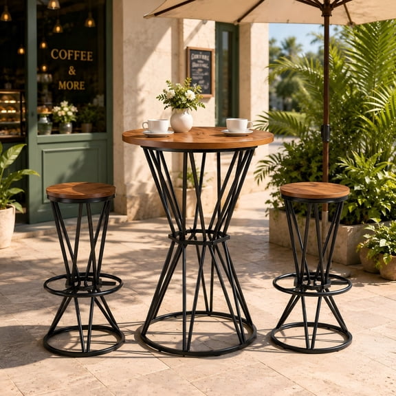Bar Table Set of 3 MDF Metal Black Walnut 32 Inch for Kitchen Island Home