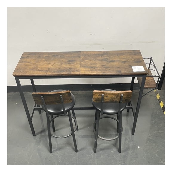 Bar Table Set with 2 Stools, Grey, 43.31'' Bar Table & PU Leather Stools with Backrest, Space Saving Kitchen Dining Table Set