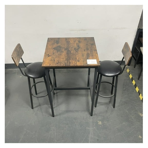 Bar Table Set with 2 Stools, Rustic Brown, 23.62'' W, PU Leather, Backrest, Space Saving Kitchen Dining Table and Chairs