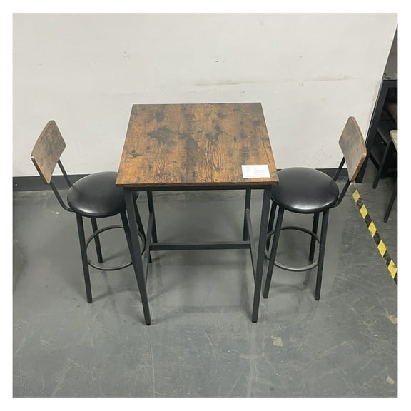 Bar Table Set with 2 Stools, Rustic Brown PU Leather, 23.6'' Bar Table & Chairs Set, Space Saving, Backrest, Kitchen Dining Room