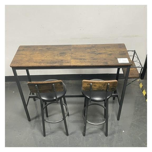 Bar Table Set with 2 Stools, Rustic Brown, PU Leather, Backrest, Space Saving, 43.31'' Bar Table for Kitchen, Dining, Living Room