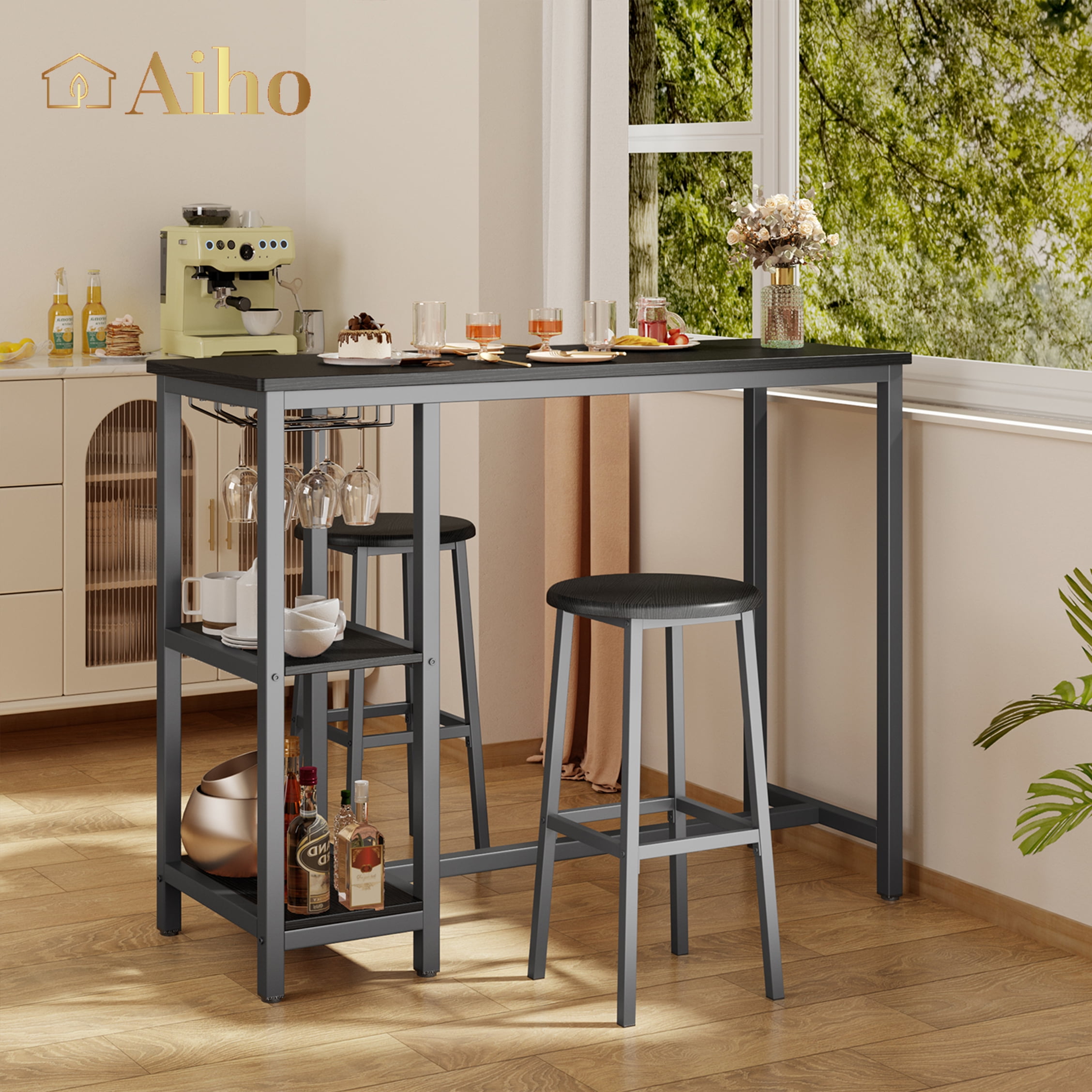 Aiho 3-piece Bar Table Set , Dining Table Set with 3 Storage Shelves For Dining Room , Black