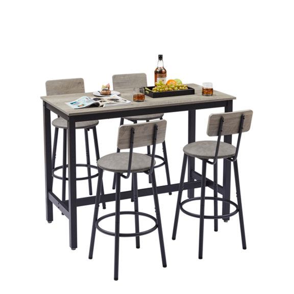 Bar Table Set with 4 Stools, 47" Pub Table Set, Grey PU Leather, Backrest, Kitchen Island Table and Stools for Dining, Home Bar, Breakfast