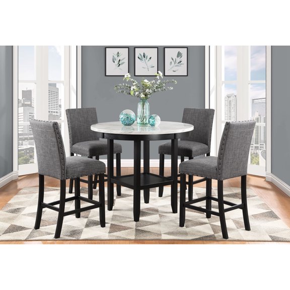 Bar Table & Stool In Gray Hue. Transitional Design With Marble-impression Top Paper Fabric. Spacious Table, Shelf Included. Rubberwood Construction. Upholstered Seats. Dining Room And Chair ,