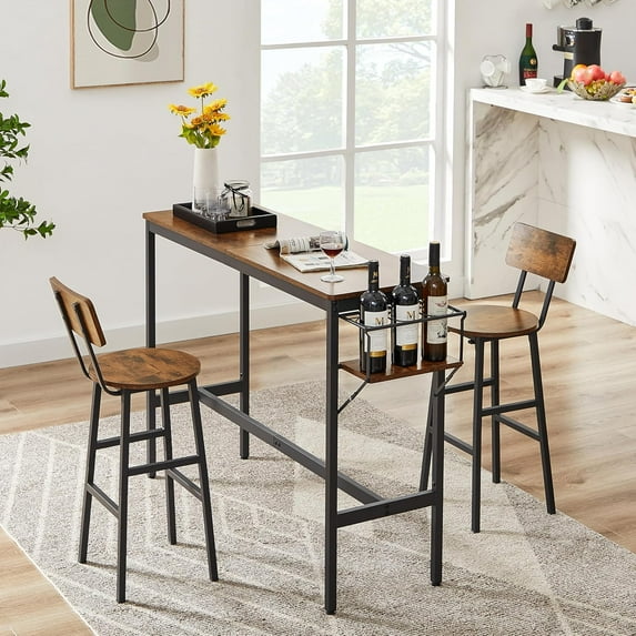 Bar Table and Stools Set for 2, 3 Pieces Bistro Pub Table with Folding Wine Storage Rack, Rustic Counter Height Dining Table and Chairs Set for Kitchen,Bar,Small Spaces, Apartment, Brown